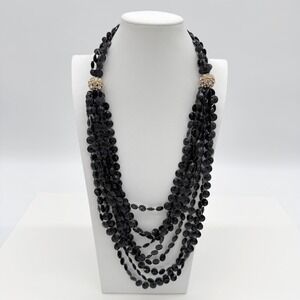 Vintage Y2K Black Multi Strand Necklace Rhinestone Bead Statement Chunky